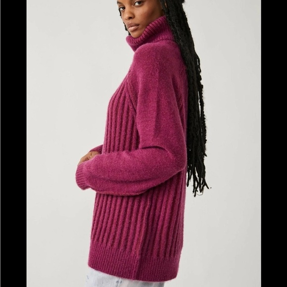 Free People Big City Turtleneck Sweater Mulberry Garnet Ribbed Oversized Sz XS - Picture 2 of 14